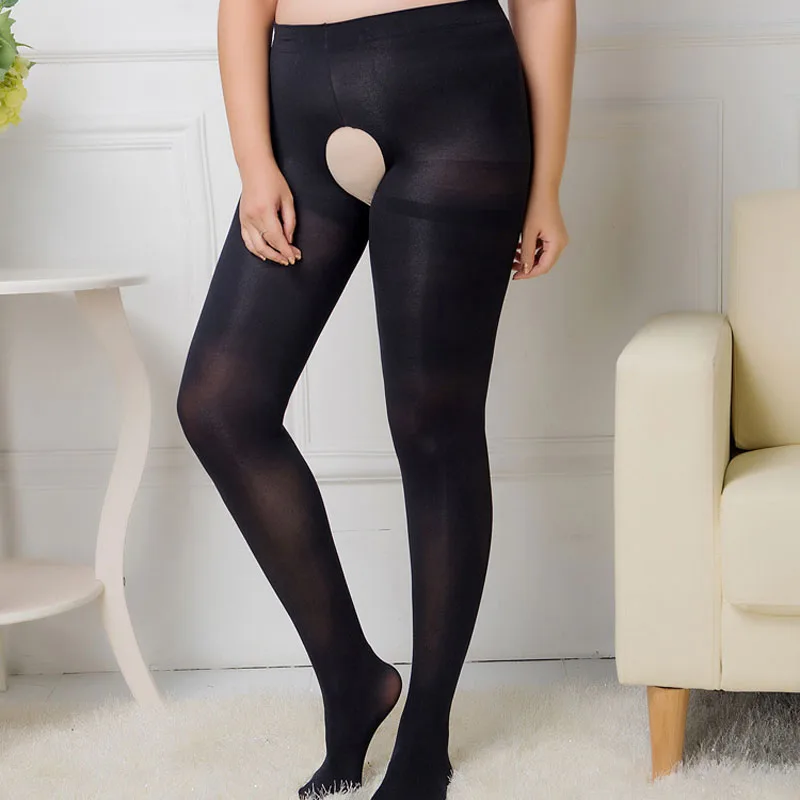 Sexy Women Plus Size Open Crotch Pantyhose 100D Large Elastic Nylon Crotchless Black Tights High Waist Female Stockings Hosiery