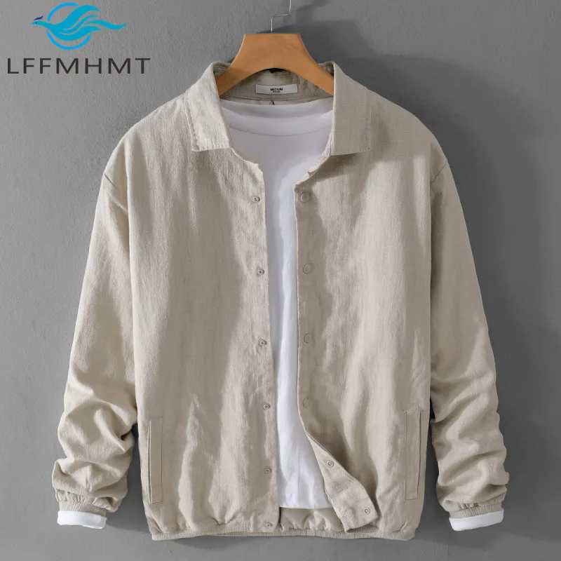 

Y202 Spring Fall Fashion Men's Cotton Linen Jacket Good Quality Retro Trendy Solid Color Simple Basic Loose Casual Coats Male