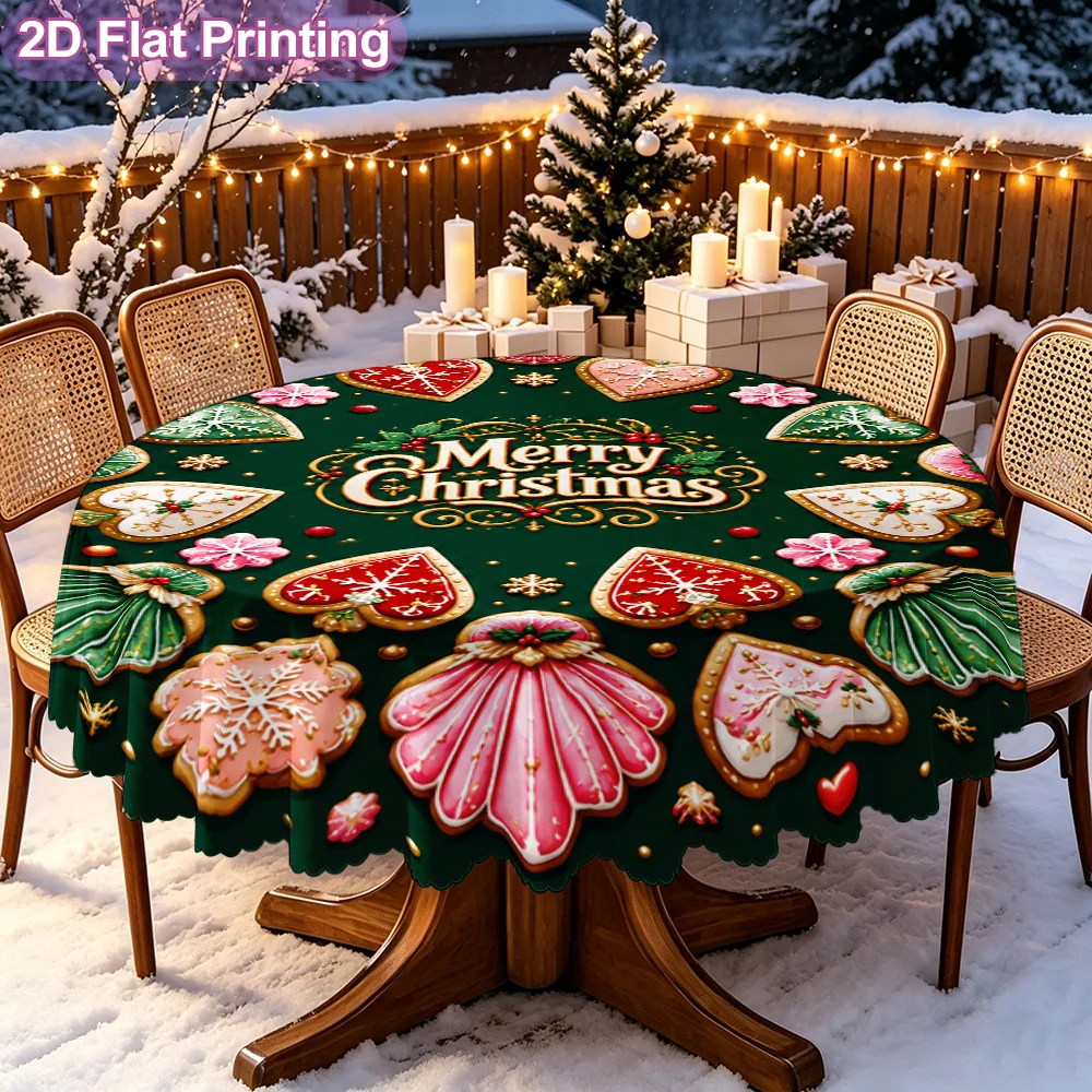 2D flat model, single-piece tablecloth, Merry Christmas cookie platter pattern, vivid colors, Christmas round tablecloth.