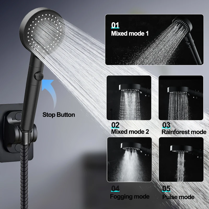 EHEH 5 Modes Black Bath Shower Head Water Saving Adjustable High Pressure Handheld Showerhead Bathroom Accessories