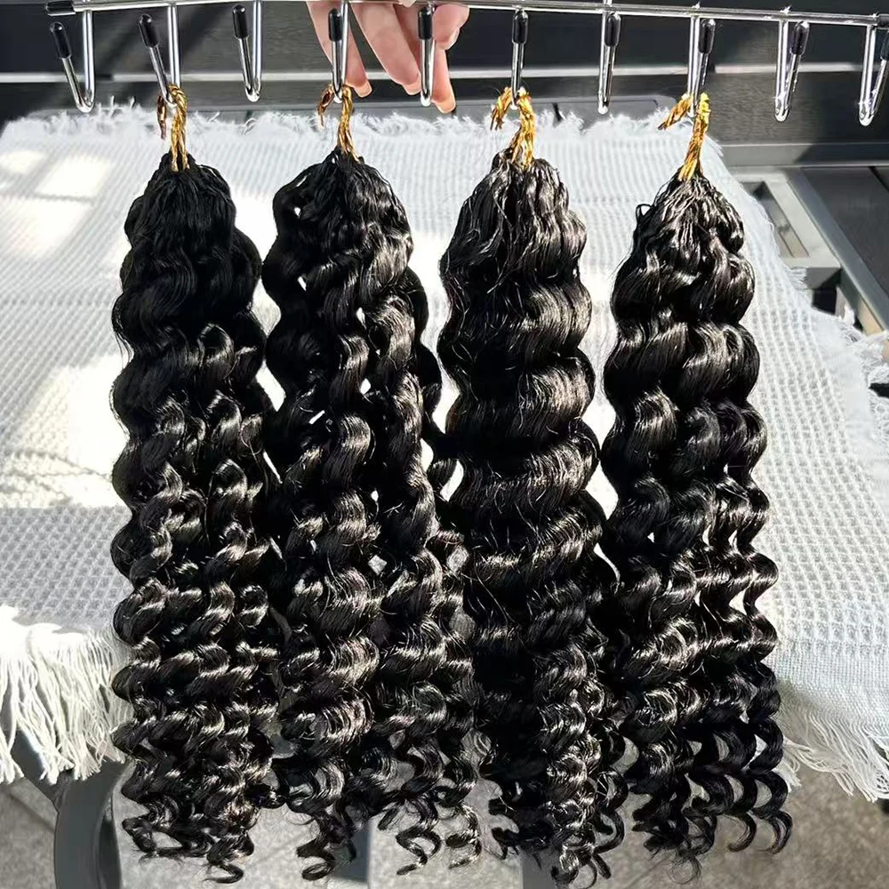 

16-24 дюйма, глубокая волна, вьющиеся волосы без узлов, наращивание волос, вязанные крючком косы с перьями, 100% наращивание человеческих волос, предварительно разделенные с веревкой