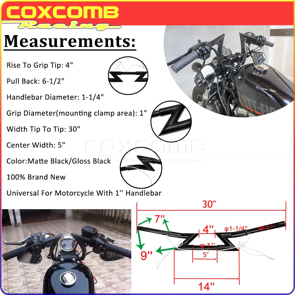 For Harley BMW Yamaha Suzuki Kawasaki Honda Chopper Bobber Cafe Racer Custom Motorcycle Z-Bar Handle Bar 1\'\' 25mm Drag Handlebar