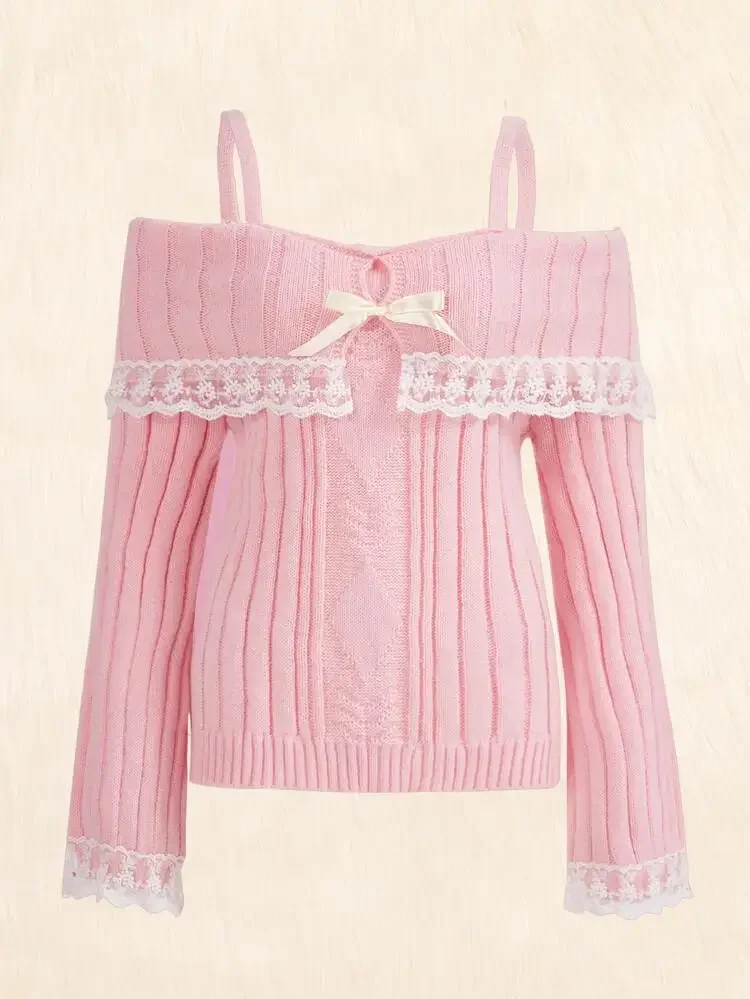 Grunge Women Off Shoulder Knit Sweater Pink Pullover Sweet Pullovers  Long Sleeve Bow Lace Patchwork Jumpers Y2k Streetwear