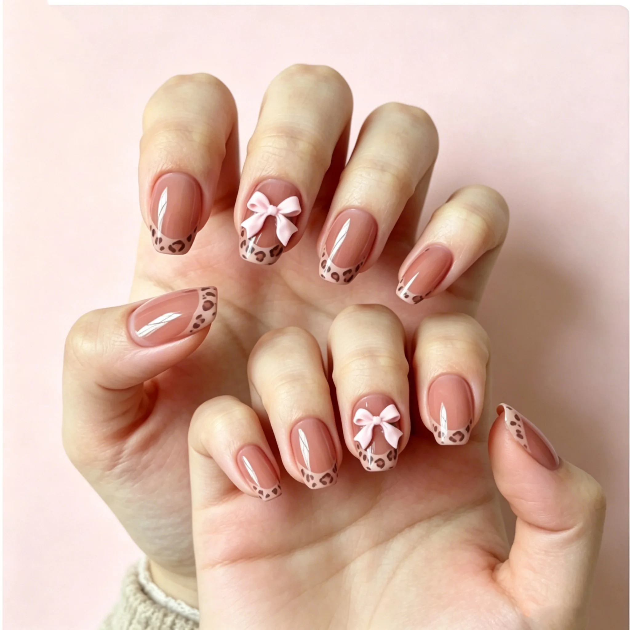

10 pieces of square false nails, light gray three-dimensional bow, French style coded manicure, removable false nails