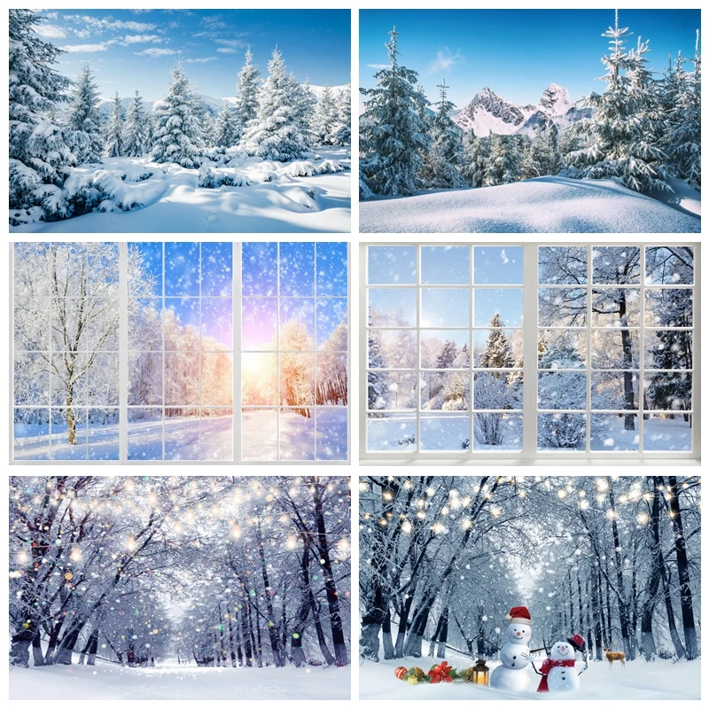 

Winter Forest Backdrop for Photography Snowman Snowflake Mountain Scenery Christmas Tree Snow Night Background for Photo Studio