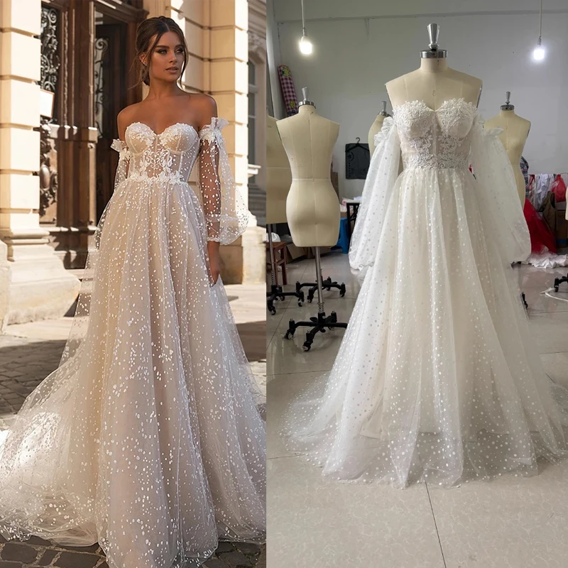 

Off Shoulder Elegant Wedding Dress with detachable Long Sleeve Lace Embroidery bride Dress Polka Dot Vestido De Noiva Customized