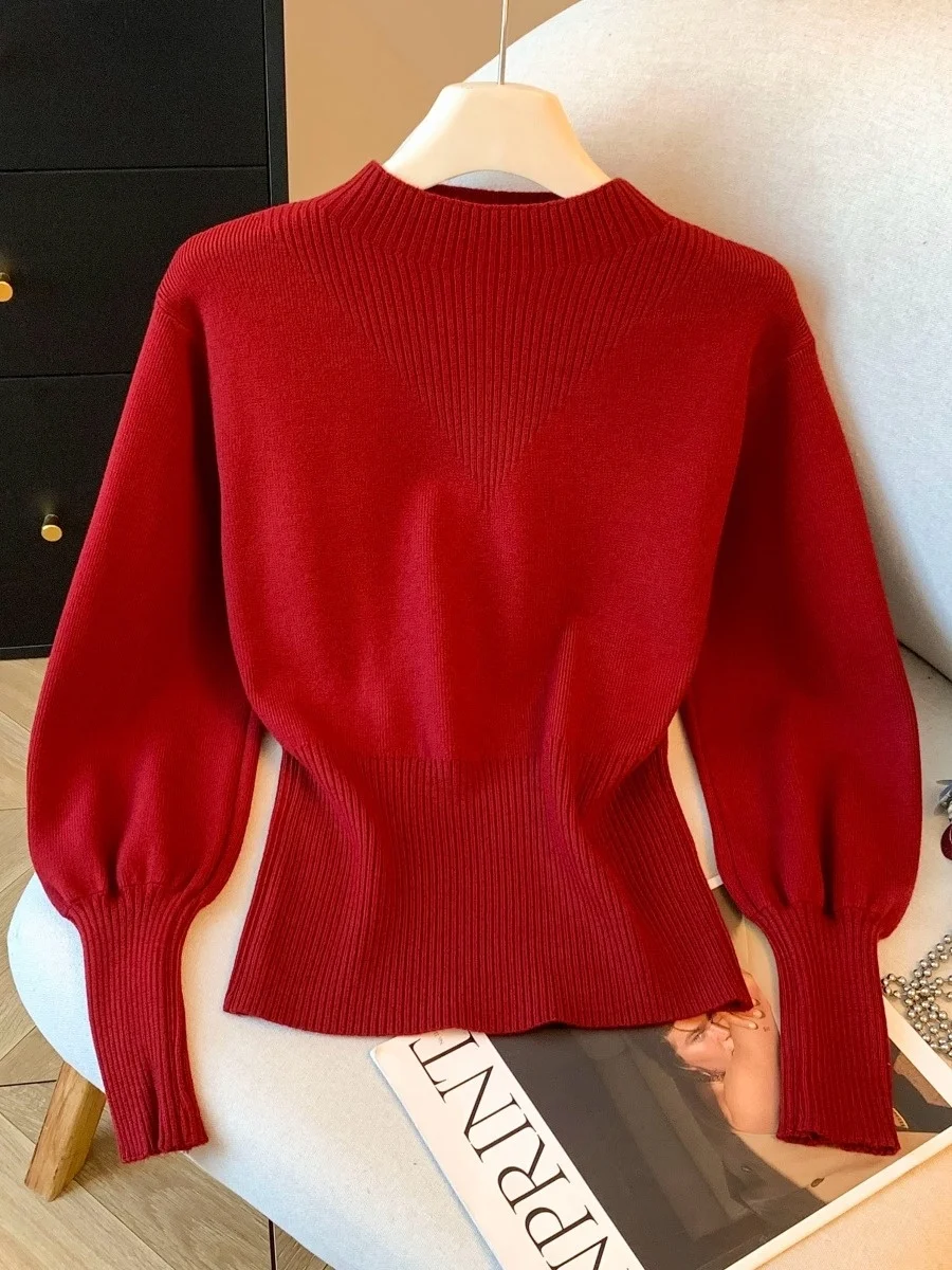 

Thiened Knitted Sweater Women's Sle New Year's Faion Red Stripes Bloom Sve Waist Cinching Slimming Inner Wear Top