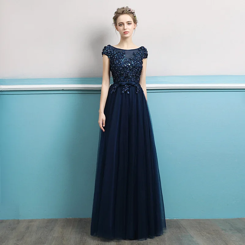 N1190 Abito da sera blu navy Fiori Lunghezza pavimento Maglia Tulle Abito da laurea Dolce memoria Banchetto Abiti da celebrità per feste