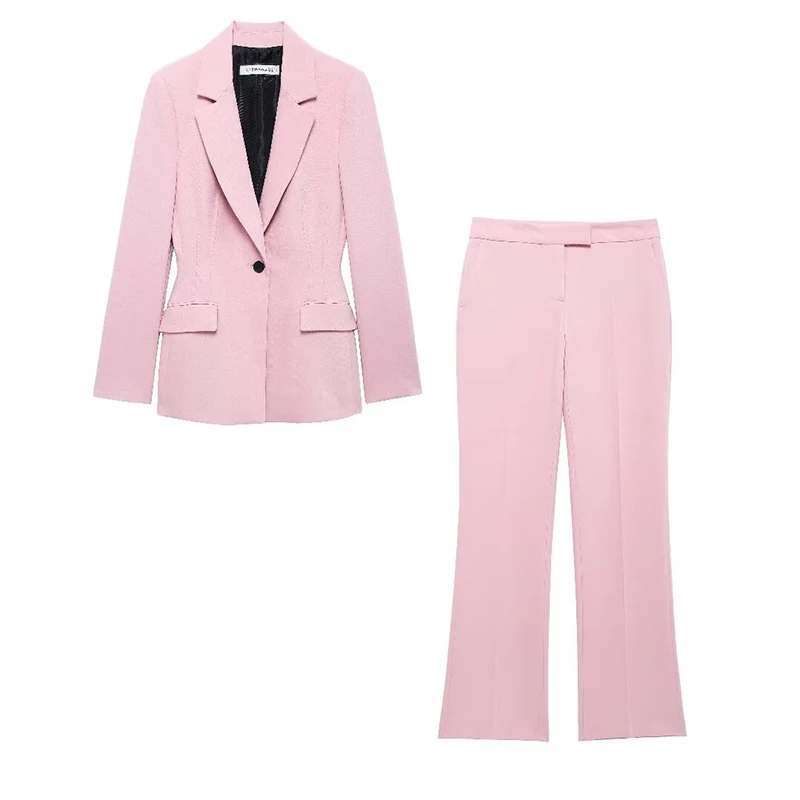 Willshela Women Fashion 2 Piece Set Pink Single Button Blazer & Vintage Front Zipper Full Length Trousers Feamle Chic Pants Sets