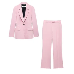 Willshela Women Fashion 2 Piece Set Pink Single Button Blazer & Vintage Front Zipper Full Length Trousers Feamle Chic Pants Sets