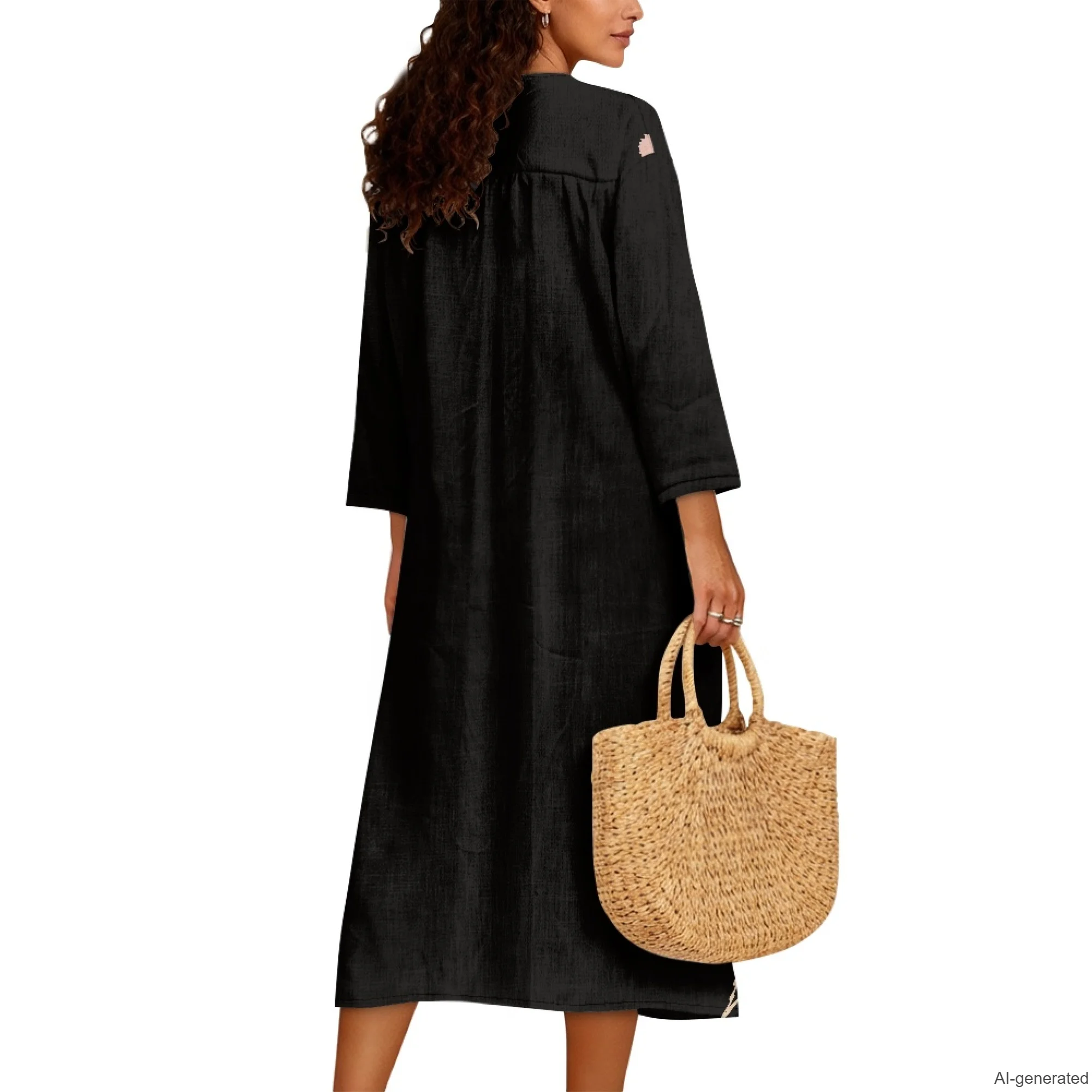 XIXIRIMIDO Women's Linen Dresses V Neck Three Quater Sleeve Oversized Dress Hawaiian Hibiscus Print Ladies Holiday Vestidos