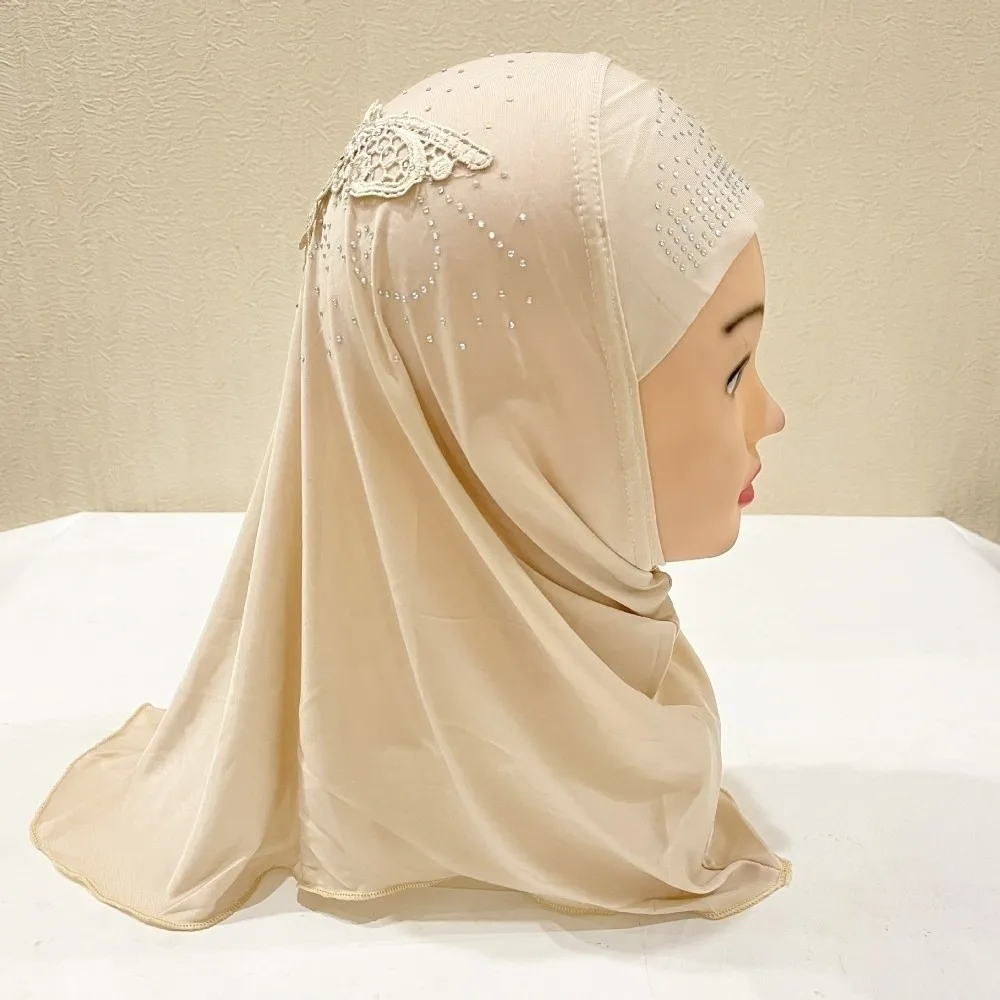 Stylish Breathable Hijab Ice Silk Lace Rhinestone Decor Headscarf Soft Stretch Solid Colors Head Wrap Casual