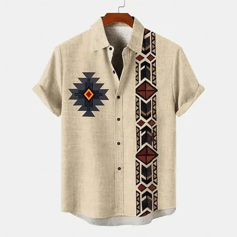 Summer Men\'s Shirt Ethnic Pattern Print Shirt Casual Short Sleeve Street Fashion Male Oversized Clothing Cardigan Hawaii Shirt