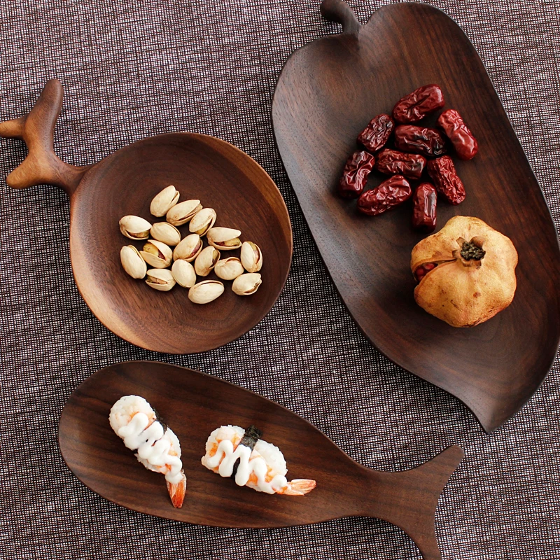 

Handmade Black Walnut Sushi Plate Creative Plants Shape Snacks Plate Eco Natural Wood Tea/Coffee Serving Tray