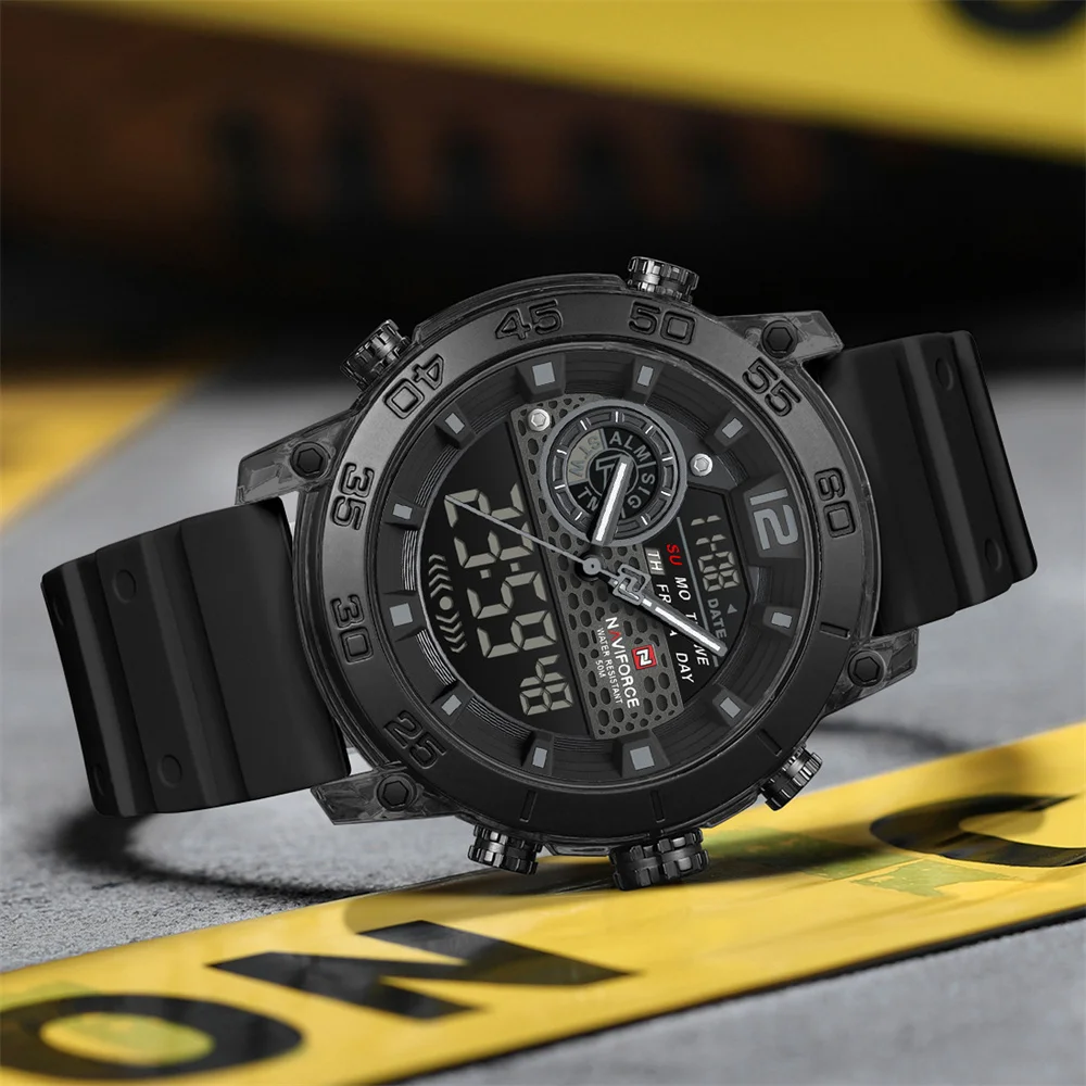 NAVIFORCE NF6104 Jam Tangan Pria Quartz Mewah Digital Jam Pria Militer Kronograf Olahraga Asli Tali Karet