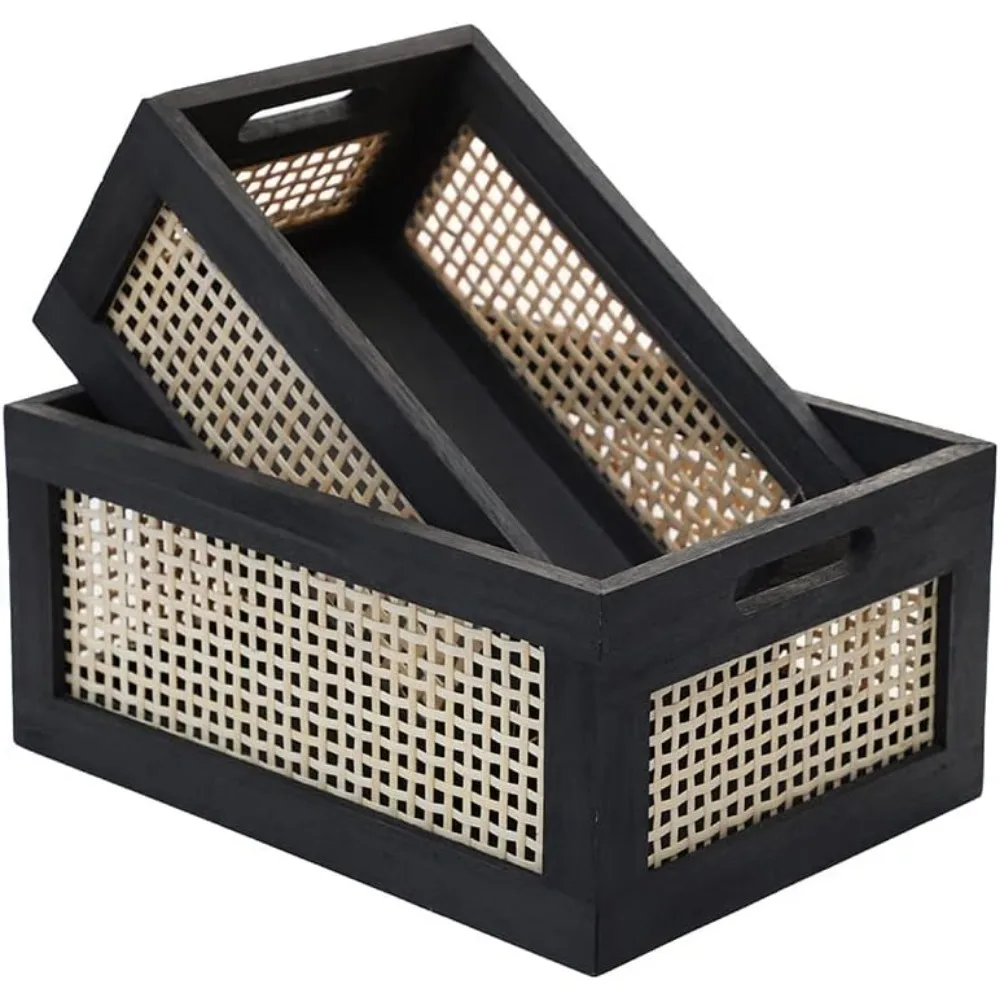 

Wood Baskets, Rattan Storage Baskets for Organizing, Black, Set of 2