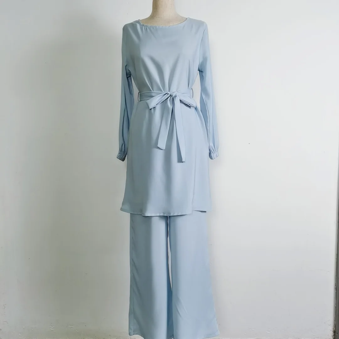 

Дубайский женский топ с длинным рукавом и поясом, брюки, комплект из двух предметов, мусульманская одежда, Абая, исламская одежда, арабский халат, кафтан, костюм, сплошной цвет