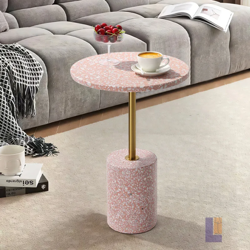

Light luxury stainless steel terrazzo coffee table natural marble corner table modern living room round glass small coffee table