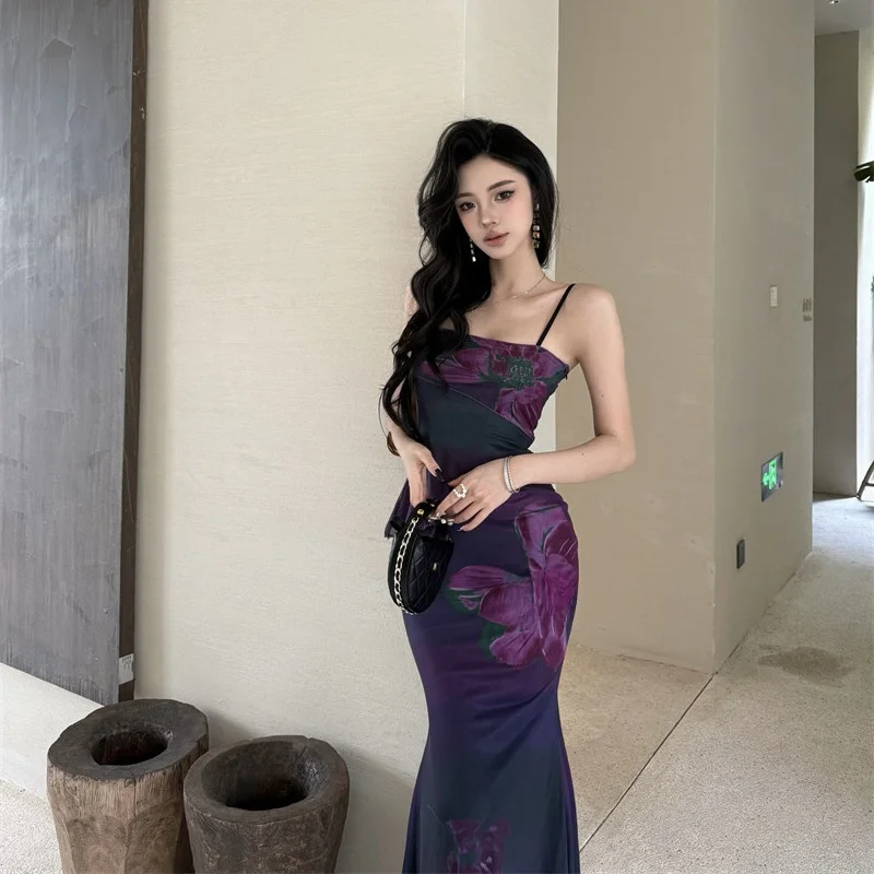 กระโปรงทรงเอเข้ารูปเอวสูงลายดอกไม้สีม่วงสไตล์จีนใหม่ ดีไซน์เก๋สำหรับผู้หญิง