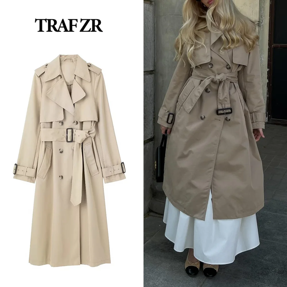 TRAF ZR 2024 Autumn Vintage Outdoor Coat Women Long Trench Coat Long Sleeves with Epaulettes Aesthetic Windbreaker Tied Belt