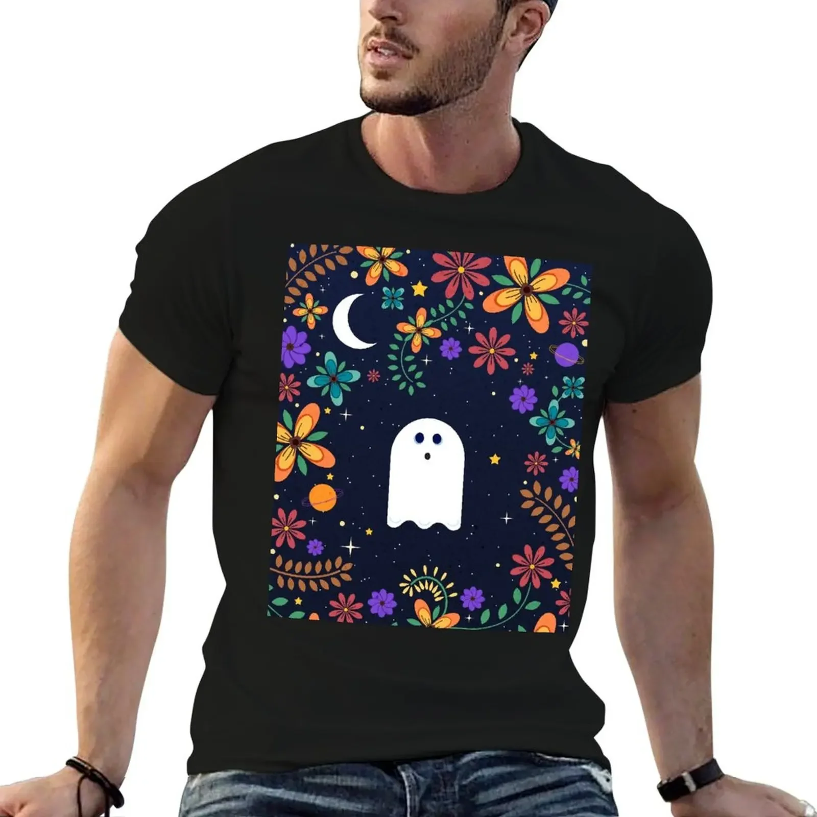 Spoopy Cute Ghost. Halloween Decor. Cute Ghost Dia De Los Muertos. Orange All Hallows Eve Floral Illustration. T-Shirt