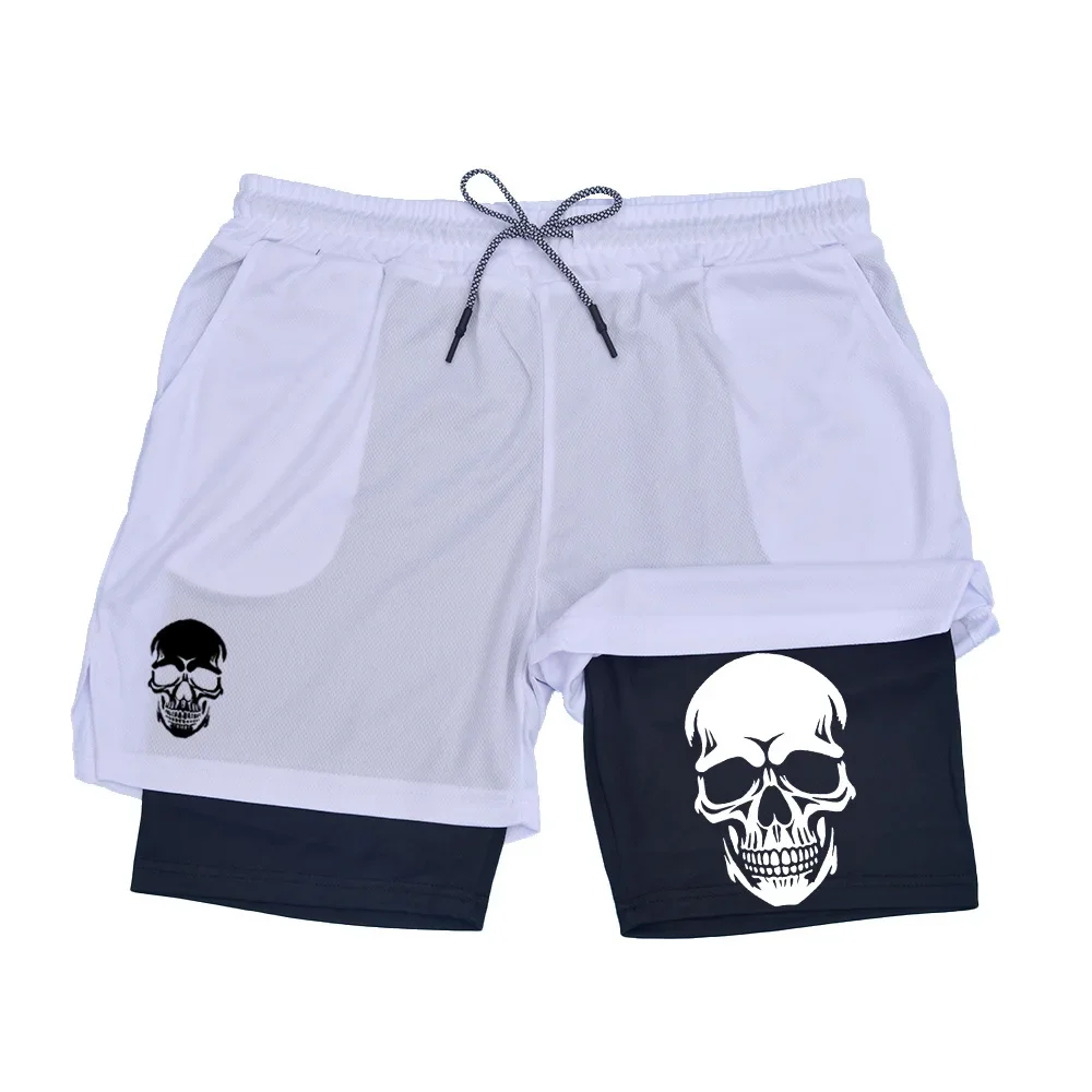 Men's Skull Print Double Layer Shorts - Black Athletic Shorts with Contrast Skull Graphic, Drawstring Waist, Quick Dry Mesh