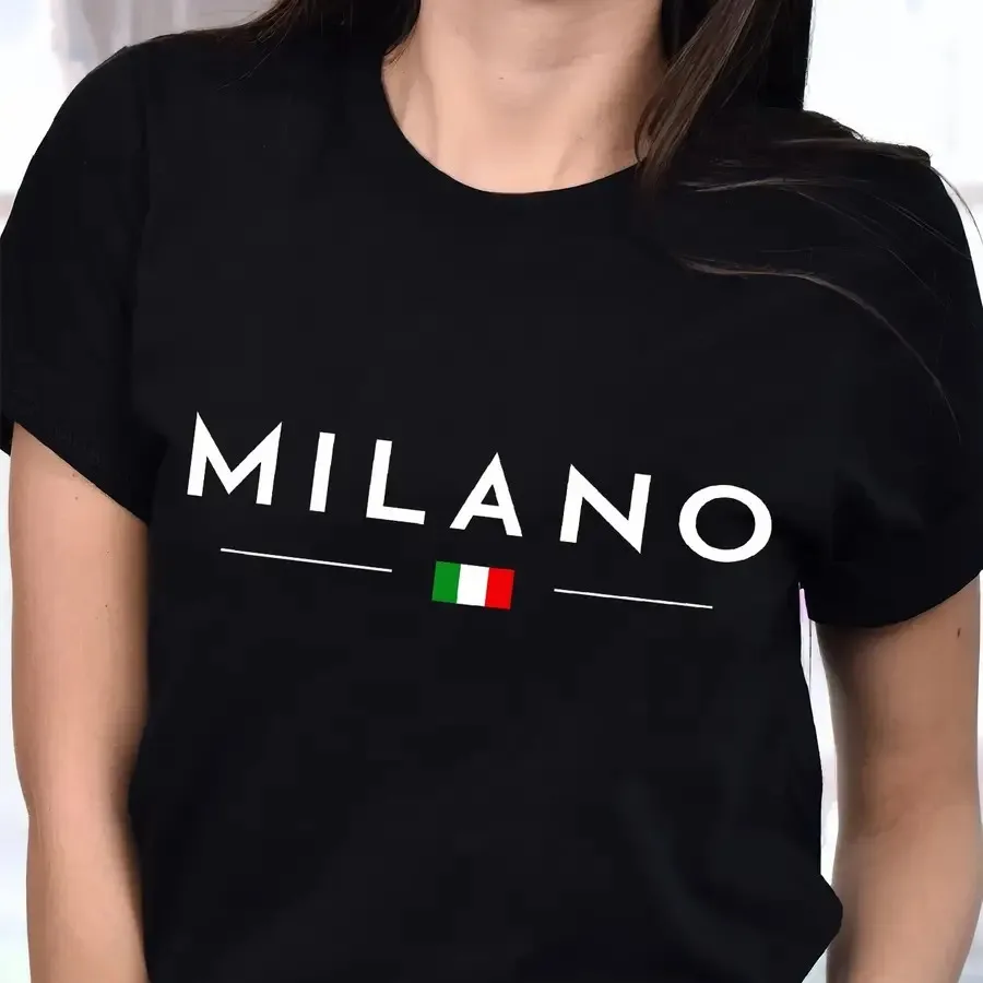 Camiseta negra con estampado de la bandera de Milán, Italia, ropa informal para mujer
