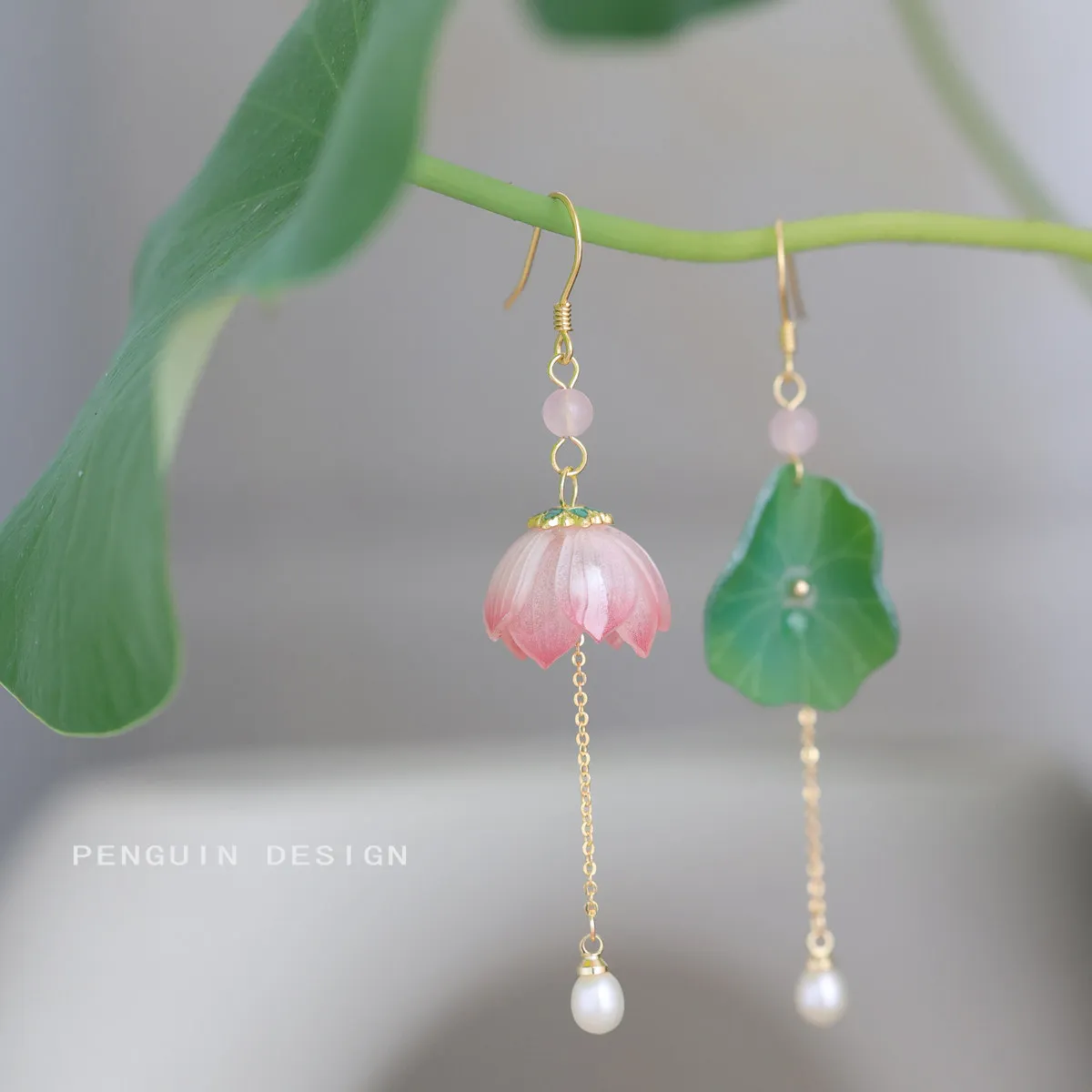 Chinese Traditional Hanfu Style Asymmetric Lotus Lotus Leaf Drop Earrings 925 Silver Hook Clip On Earrings For Women Summer Jewe