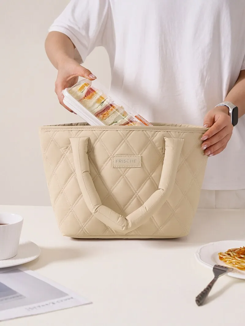 Women Quilted Lunch Tote Bag, 7.5L Large Capacity Waterproof Insulated Lunch Box Handbag, Portable Office Commute Meal Carrier