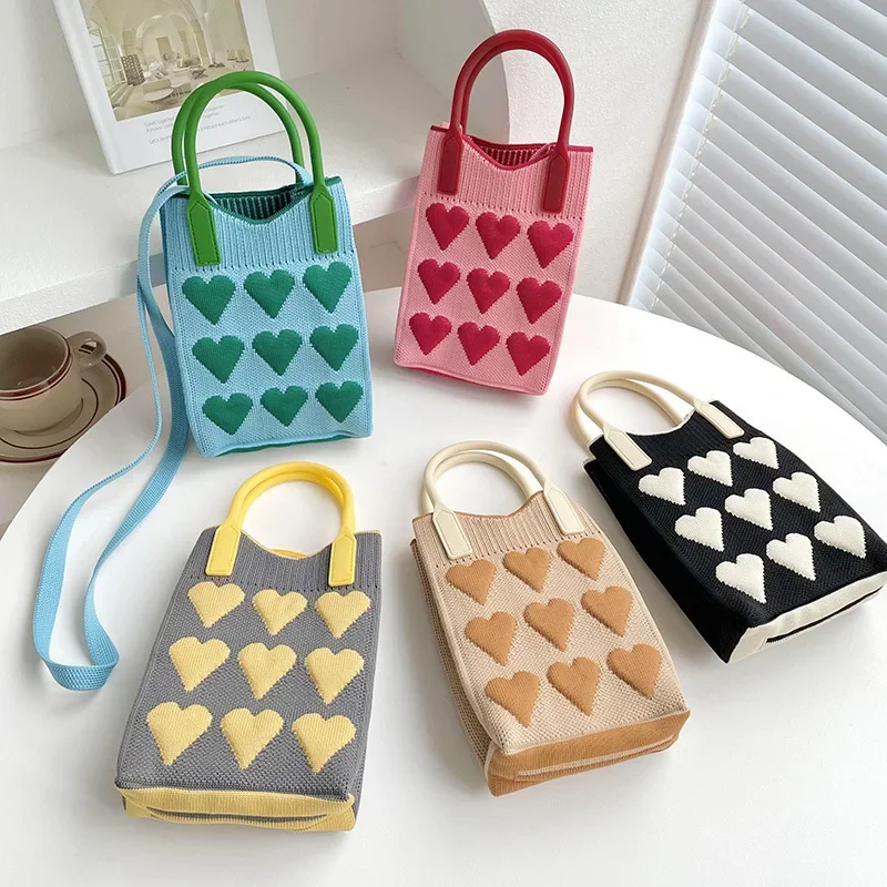 

Girls Cute Outdoor Crossbody Bags Korean Fashion Heart Knitted Mini Square Handbag for Women Small Mobile Phone Shoulder Bags