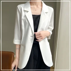 Blazers de sete mangas feminino, bolso de botões entalhados emendados, cor sólida, versátil, emagrecedor, temperamento, novo, verão, moda, 2024