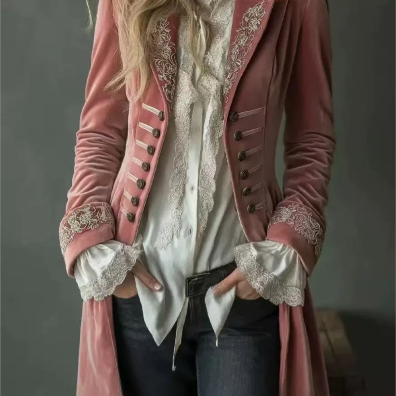 Women's Vintage Gold Velvet Jacket Blazer Spring Autumn Casual Solid Color Patchwork Lace Jacket Elegant Long Sleeve Slim Coat