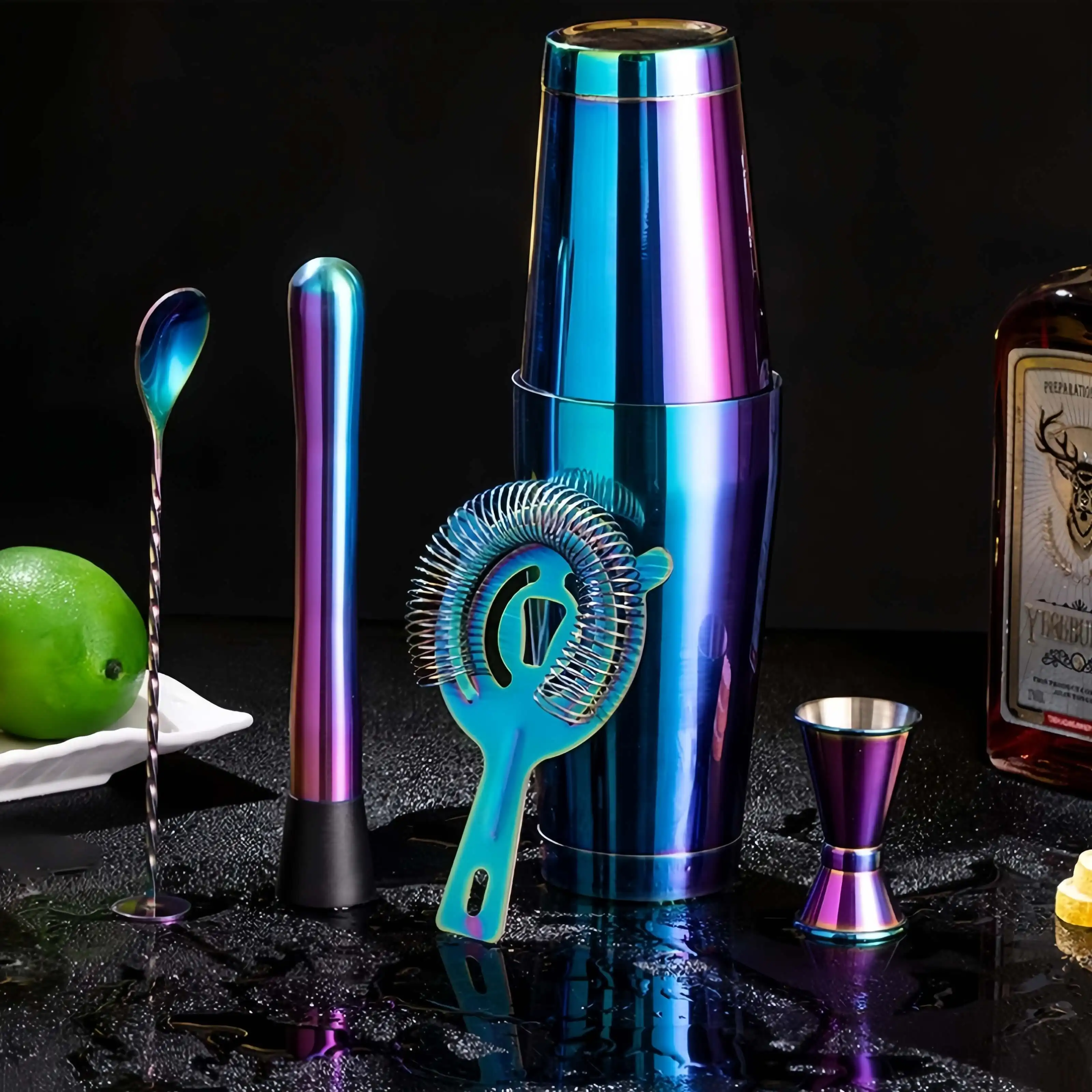 Electroplated Colorful Shaker Cup Stainless Steel Shaker Set, Boston Cocktail Shaker Tools Wine Accessories  Absinthe Spoon