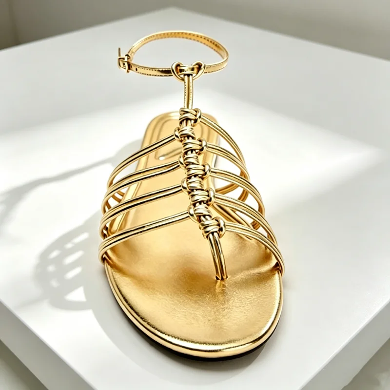 

Golden Multi-straps Design Flat Sandals Women Metallic Effect Knot Details Flats Summer Ankle Strap Buckle Clip Toe Flip Flops