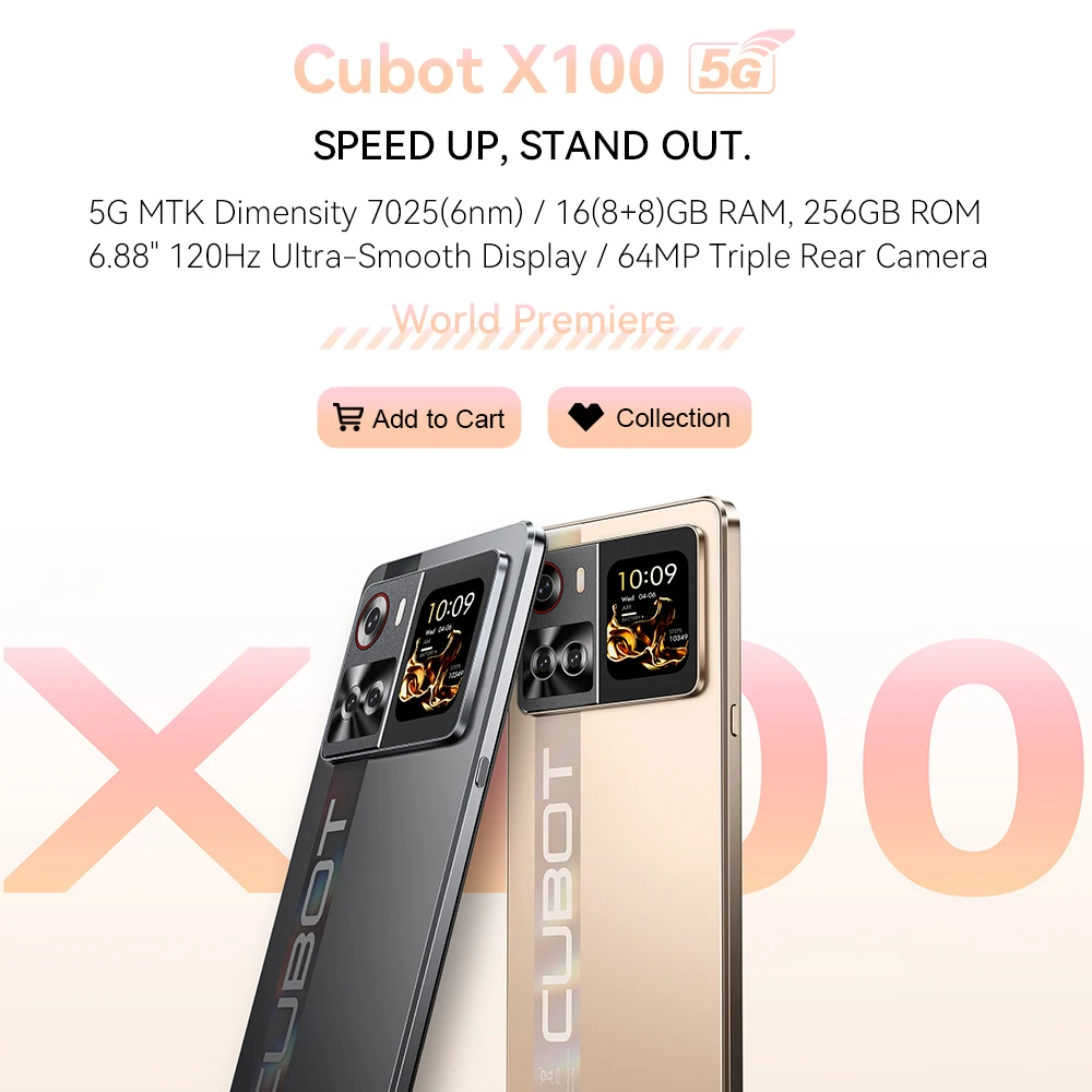 6.88-Inch Android Smartphone 5G Cubot X100, Dimensity 7025, 6nm, 2.5GHz, 16GB(8+8), 256GB, 64MP Camera, 5100mAh Battery, NFC