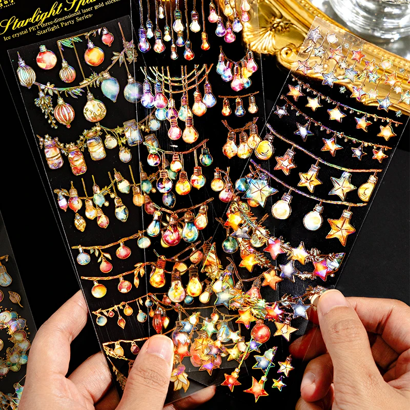 Mr. Paper 1Style 12Pcs/bag Ice Crystal PET Stereoscopic Laser Gold Flat Stickers DIY Handbook Creative Materials Decorative Card