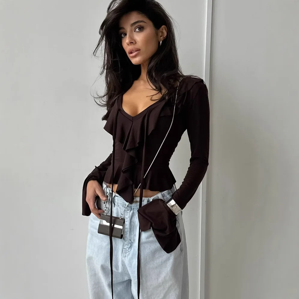 Damska koszulka z długim rękawem w stylu amerykańskim, wiosna-jesień, obcisła i wyszczuplająca, elastyczny dekolt w kształcie litery V z