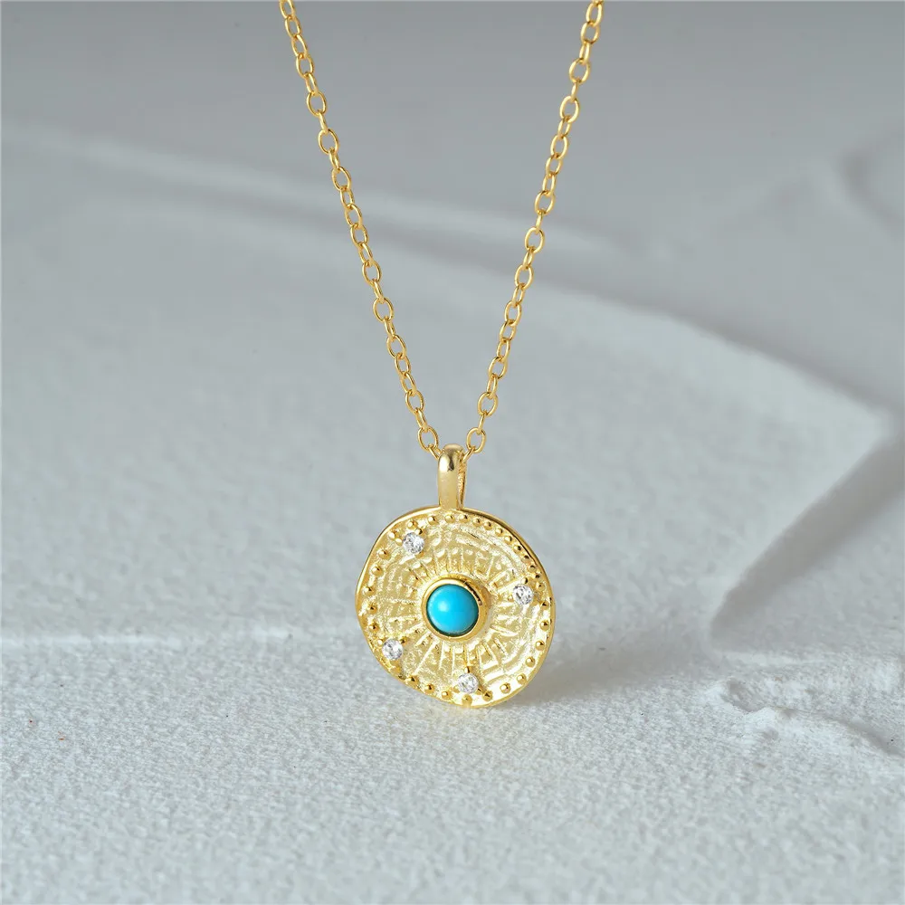 

CANNER Sunflower Disc Zircon Turquoise Pendant Necklace 925 Sterling Silver Gold-Plated Vintage Women'S Clavicle Chain For Gifts