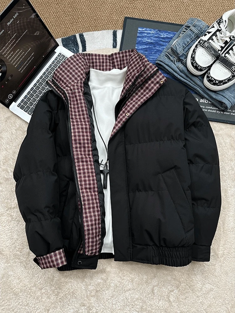 

Thiened Cotton Jaet Men's Winter Warm Stand Collar Plaid Splicing Retro Trendy Couple Outerwear Stand Fit Long Sve ...