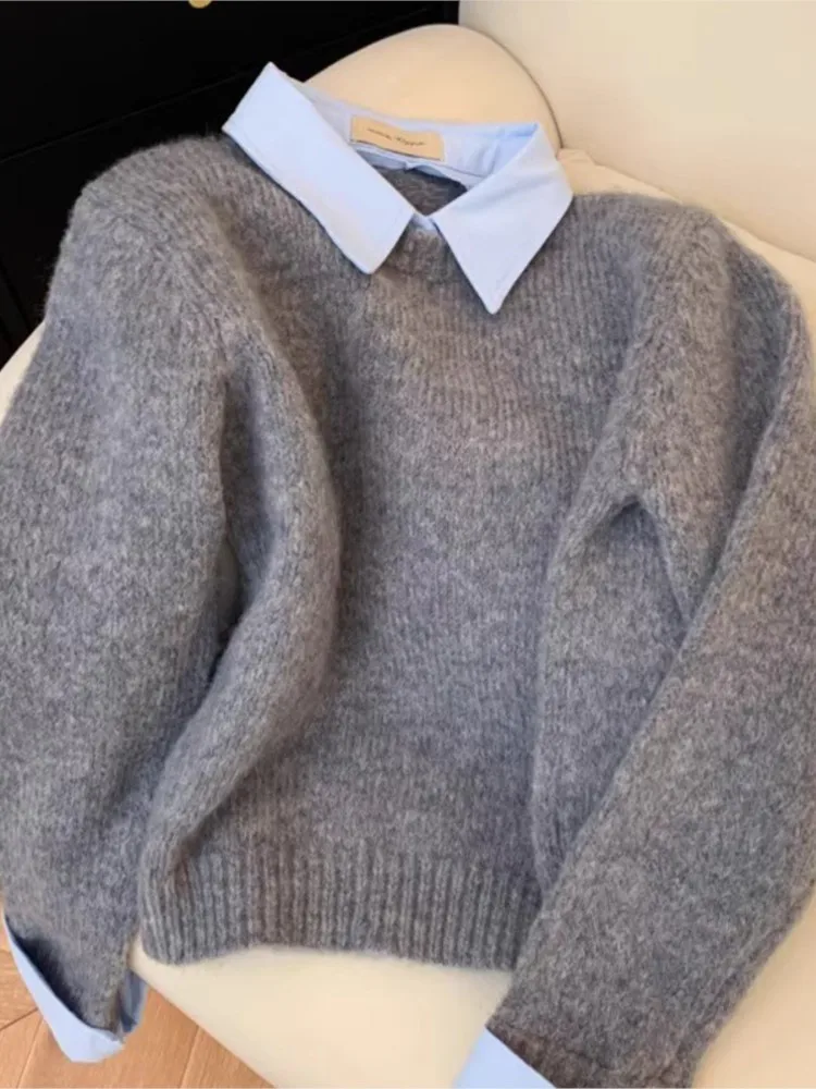 

Fake Two Shirts Collar Sweater Women's Autumn Outfit New Lazy Linterior Contrasting Color Gray Knit Sweater Top With Flip Collar