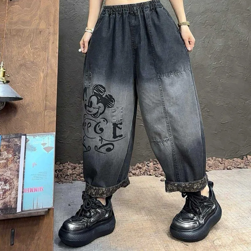 

pants woman jeans denim Disney Spring Summer Women's Mickey Print Jeans, Vintage Washed Distressed Color Block Loose Harem Pants