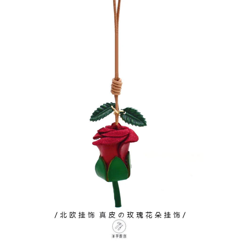 

Genuine Leather Beautiful Rose~ Nordic Ins Cowhide Flower Bag Charm Bag Pendant Car Leather Rope Pendant Keychain