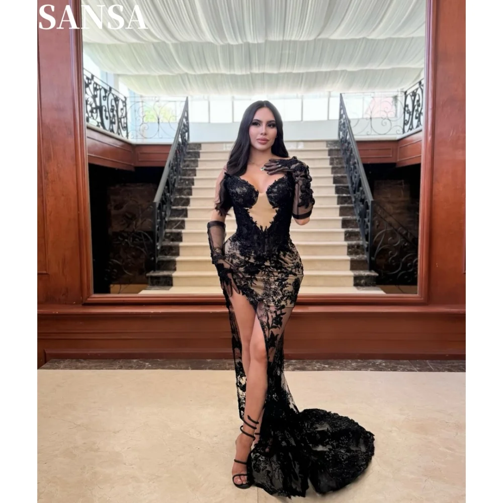 

Sansa Sexy Embroidery A-line Lace Porm Dress Customized Floor-Length Strapless Wedding Dresses Sleeve Cover Vestidos De Fiesta
