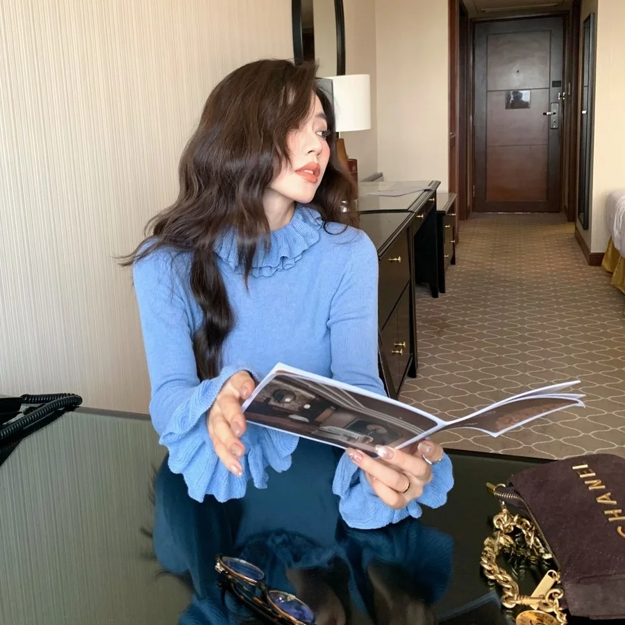 

Женский вязаный топ Ele Long Sve для ранней осени, новинка, облегающий базовый слой, повседневный, с воротником-стойкой