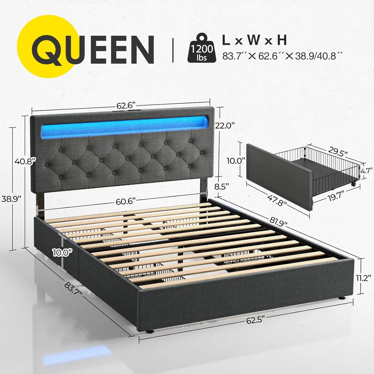 Cadre de Lit Queen Size avec Station de Recharge et Lumières LED, Lit avec Planche de Sauna Réglable et 4 Rangements