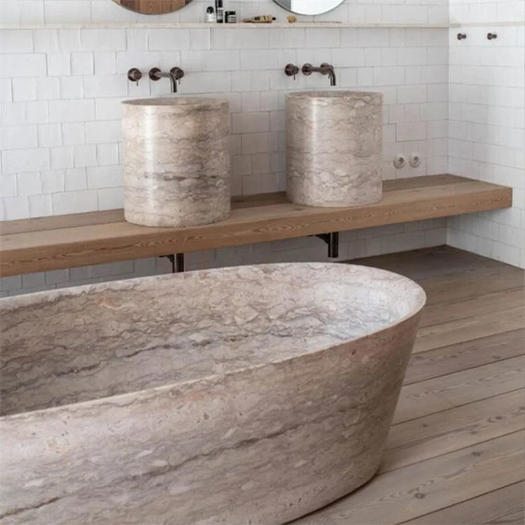 xx-Modern Luxury Natural Travertine Polished Freestanding Bathtub with 12 Jets 20gal Capacity Durable Indoor Spa Tub*