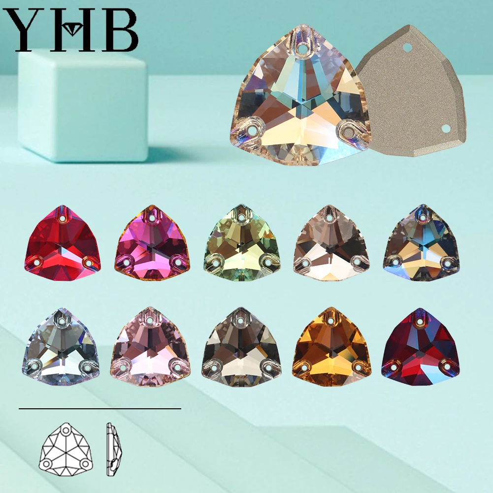 YHB Moonlight venta al por mayor directa de fábrica 12mm 16mm 22mm alta calidad más de 30 colores cristal triángulo gordo coser en diamantes de imitación