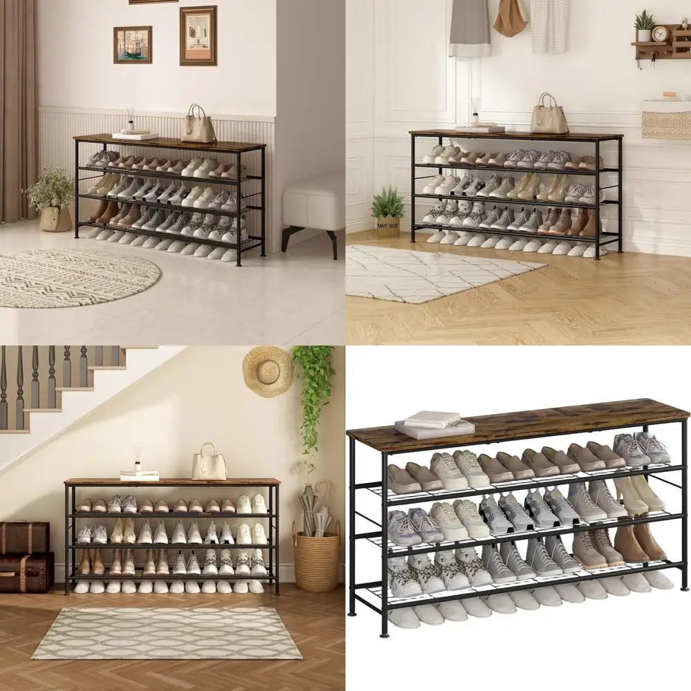 

4-Tier Standing Metal Shoe Rack Organizer with Wooden Top, Large, Black & Rustic Brown