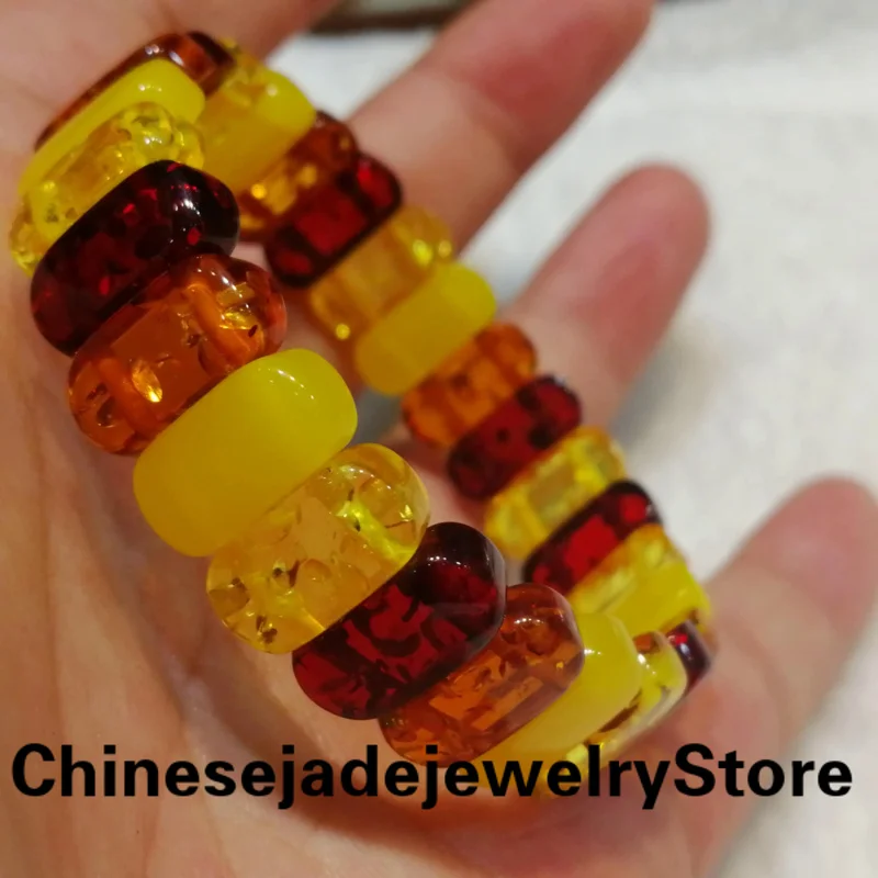 Natural Colorful Amber Bracelet Women Healing Gemstone Fine Jewelry Genuine Baltic Flower Ambers Square Beads Bracelets Bangles