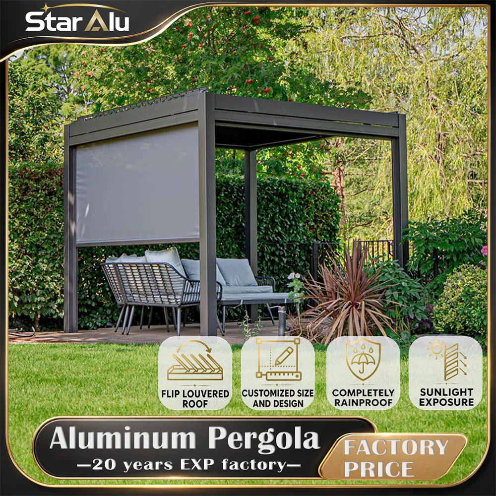 Custom 6063 T5 Aluminum Bioclimatic Pergola Motorized Louver Roof LED Lights Remote Waterproof Windproof Patio Garden Gazebo